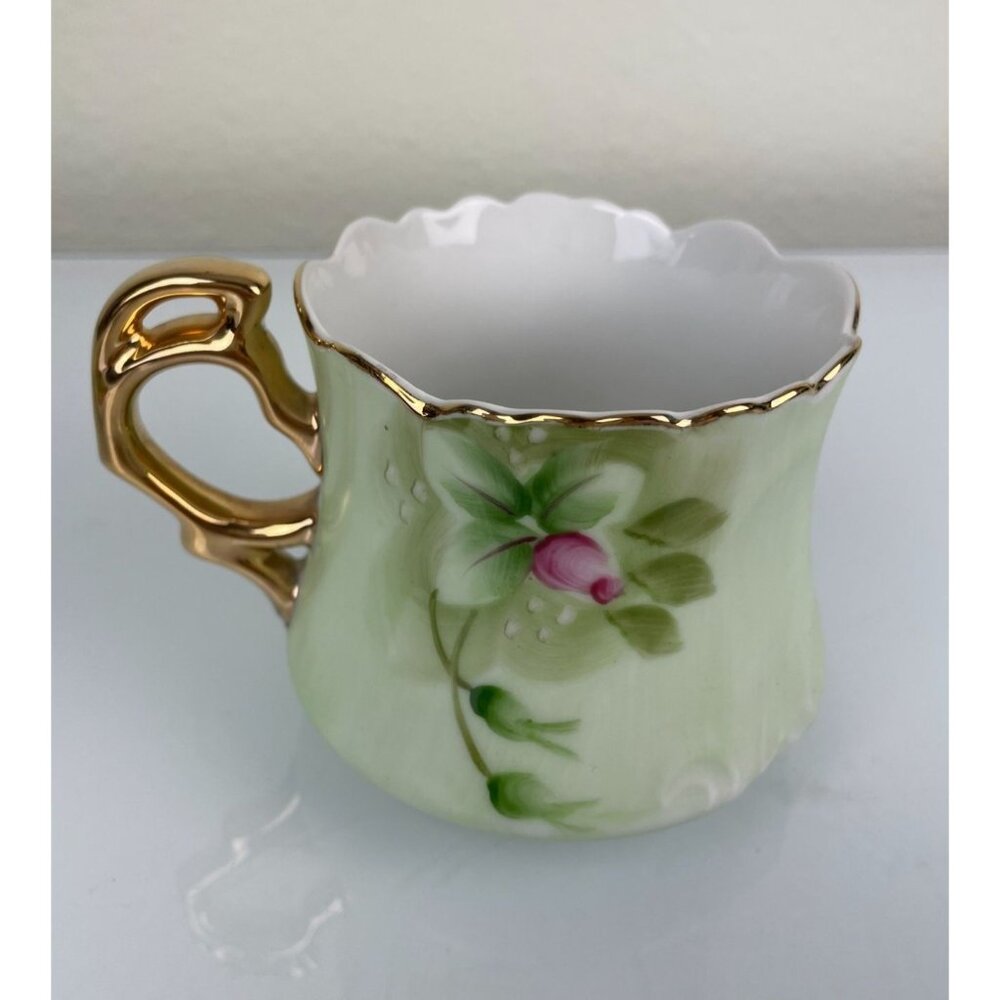 Lefton China Hand Painted Green & Pink Rose Teacup & Saucer Set, Gold Vintage - Picture 11 of 16